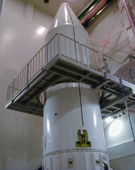 Very rocket-looking nose fairing of ASTRO-E (51K JPEG)