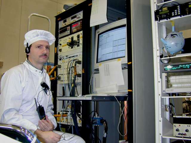 Rich Kelley with test equipment and latex puffer fish. (41K JPEG)